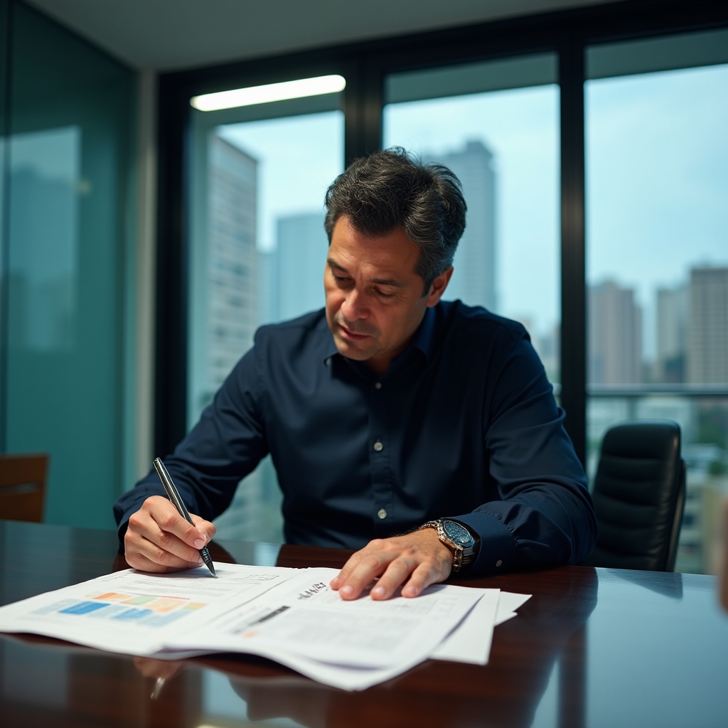 Middle manager reviewing financial report at office desk