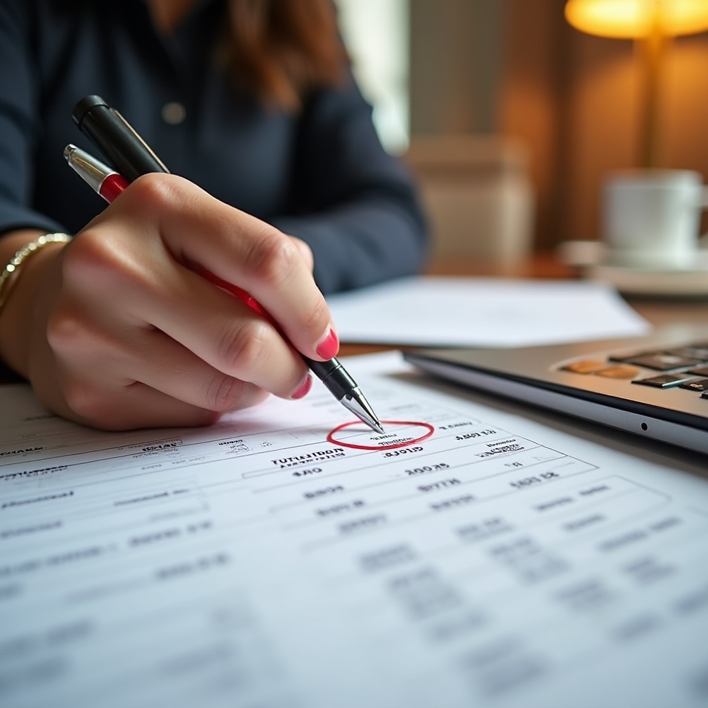 Close-up of hands annotating a printed income statement during workshop analysis