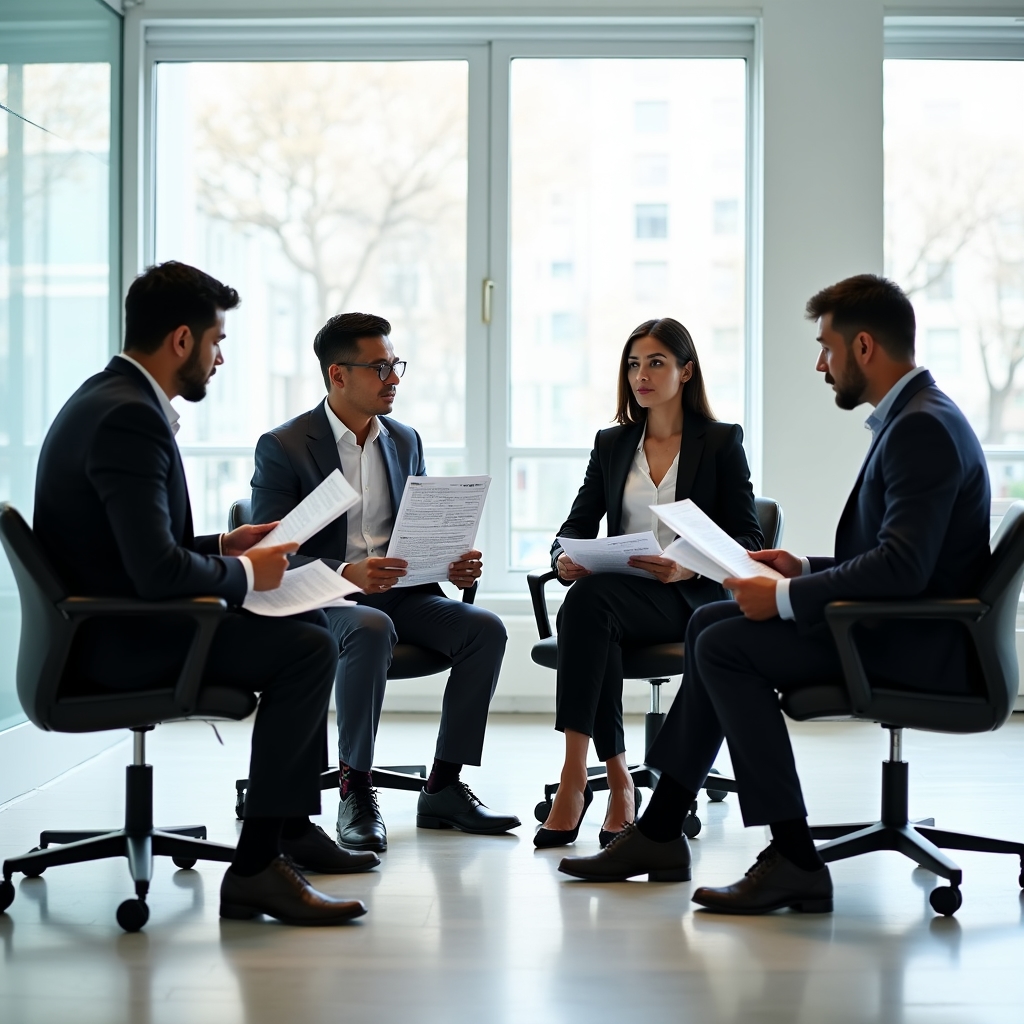 Small group of managers reviewing trend data and warning indicators in workshop