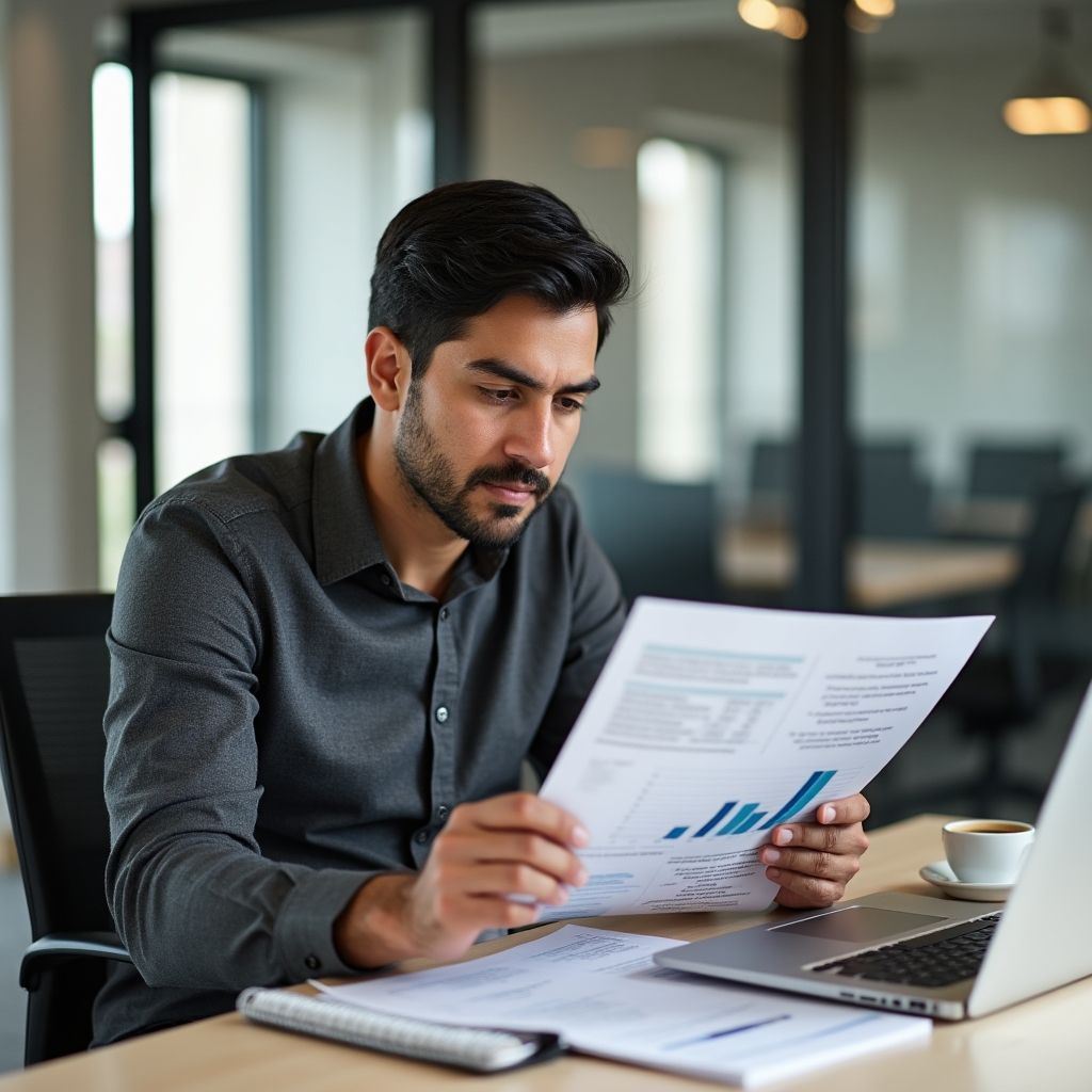 Content specialist reviewing financial documents at modern office
