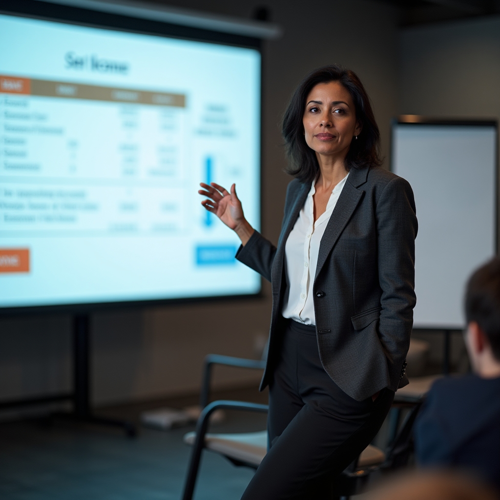 Lead facilitator presenting financial concepts in workshop setting