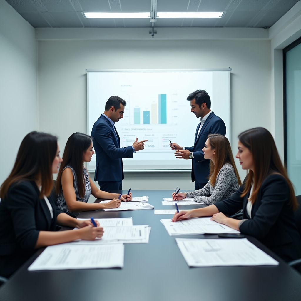 Workshop participants working through financial reports in a session